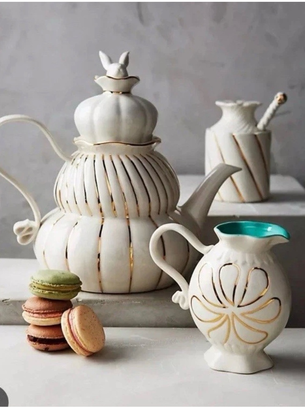 Anthropologie Philomena porcelain creamer and Sugar Jar Set with Gold Accents